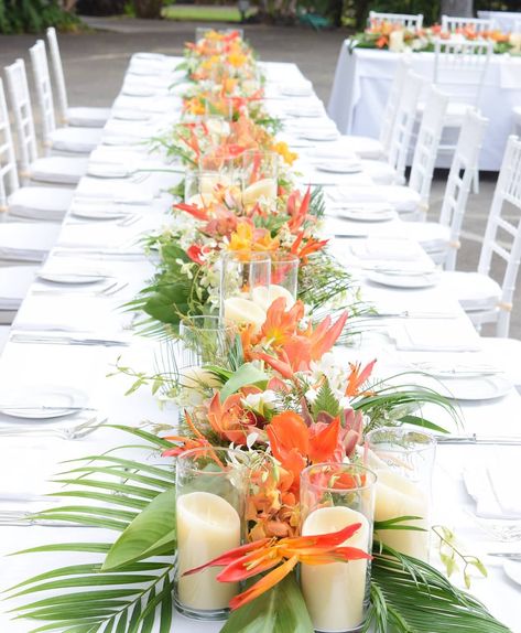 Grace Flowers Hawaii | Throwback Tuesday (they both start with T, it works ;)) Lush orange long and low tropical nouveau designs. @maunakeahotel… | Instagram Hawaii Table Decorations, Tropical Color Wedding, Coastal Theme Party Decor, Low Tropical Centerpiece, Tropical Table Scape, Elegant Tropical Wedding Decor, Tropical Centerpiece Ideas, Tropical Table Centerpieces, Hawaiian Centerpiece Ideas