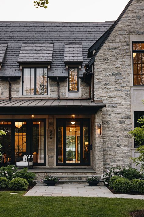 Exterior Transitional Homes, Contemporary Tudor Exterior, Scottish Home Exterior, Stone House Black Windows, Modern Stone Cottage Exterior, Stone House With Porch, Stone Exterior Houses Modern, New Houses That Look Old, Traditional Modern Home Exterior