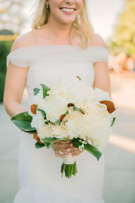 Hydrangea And Magnolia Bouquet, Bride Table, Gardenia Bouquet, White Astilbe, Magnolia Bouquet, Brides Table, White Lisianthus, Bay Laurel, Rustic Elegant Wedding