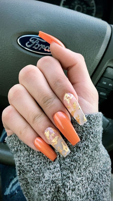 Orange And Gold Foil Nails, Burnt Orange Nails With Gold Foil, Orange Nails With Gold Flakes, Orange And Gold Fall Nails, November Coffin Nail Ideas, Thanksgiving Nails Coffin Shape, Orange Foil Nails, Fall Birthday Nails Coffin, Orange Nails With Gold Foil