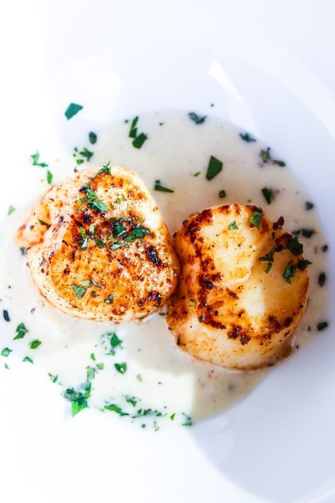 Simple and elegant pan-seared scallops recipe with a creamy and delicious dairy-free pear sauce. Sauce For Scallops, Pear Cream, Pear Sauce, Scallops Recipe, Greek Recipes Authentic, Pan Seared Scallops, Food Fish, Seared Scallops, Sea Scallops