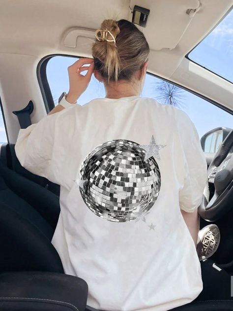 Disco Ball Star Pattern Vintage Crew Neck Casual Loose Fit Short Sleeve T-Shirt White Casual  Half Sleeve Fabric Geometric  Slight Stretch  Women Clothing, size features are:Bust: ,Length: ,Sleeve Length: Disco Ball Outfit Ideas, Disco Ball Shirt, Coldplay Concert Outfit, Vintage Crew Neck, Balls Shirt, Disco Shirt, Drop Shoulder Tee, Star Pattern, Disco Ball