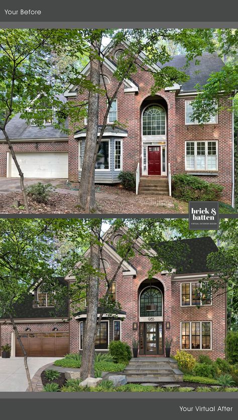 If you’re looking to modernize your brick home but don’t want to paint the brick, updating your window trim is a great option. Here, the natural red brick of this home is complemented by trim painted in Revere Pewter by Benjamin Moore. Check out this post for more exterior window trim ideas! #exteriordesign #exteriorpaint #trim #windowtrim #paintideas #trimideas Updating Home Exterior, Red Brick House Exterior Bay Window, How To Make Red Brick Look Modern, Wood Door On Red Brick House, Modernize Red Brick House, Modernizing Red Brick Exterior, House Paint Colors With Red Brick, Red Brick Trim Colors Home Exteriors, Updating Red Brick Exterior