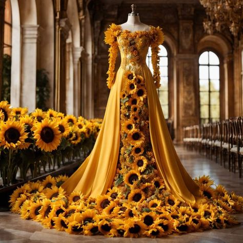 Fashion Collection Inspiration, Fashion Design Books, Sunflower Dress, Pretty Quinceanera Dresses, Wedding Dresses With Flowers, Sunflower Yellow, Theme Dress, Dress Unique, Unique Dress