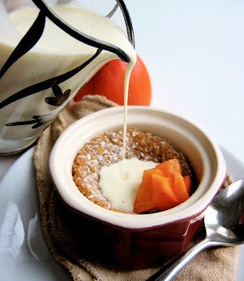 Persimmon Pudding | I topped the warm puddings with a pour of cold crème anglaise and some pieces of diced fuyu, enjoying the variety of textures, temperatures and flavors going on: warm, rich custards; cold, thick cream; fresh, bright persimmons. #puddingrecipe #persimmonrecipe #fruitdessert Creme Anglaise Recipe, Persimmon Pudding, Persimmon Recipes, Bojon Gourmet, Cream Fresh, Tea Cakes, Pudding Recipes, Gluten Free Baking, Persimmon