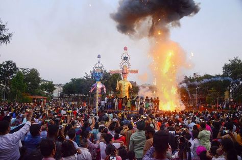 Vijayadashami, also known as Dussehra, Dasara or Dashain, is a major Hindu festival celebrated at the end of Navaratri every year in the Indian subcontinent. Dussehra is one of the major Hindu festivals that marks the end of Navratri. The festival is celebrated as the victory of Lord Rama over Ravana. It also celebrates the triumph of Goddess Durga over the demon Mahishasura. On Dussehra, towering effigies of demon King Ravana, Kumbhakaran and Meghanad (symbolic of evil) are burnt down with fire Ravan Dahan, King Ravana, Festival Photography, Indian Subcontinent, Hindu Festival, Lord Rama, Goddess Durga, Hindu Festivals, Lockscreen Wallpaper