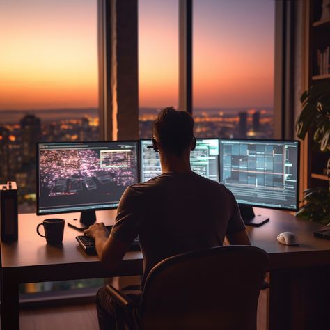 A focused web developer at a modern desk setup with multiple monitors displaying code and website designs, illuminated keyboard, and programming books nearby, soft natural light streaming through the window. Unique Web Design, Small Home Offices, Freelance Web Design, Professional Website Design, Portfolio Website Design, Freelancer Website, Web Designers, Dreams Into Reality, Web Developer