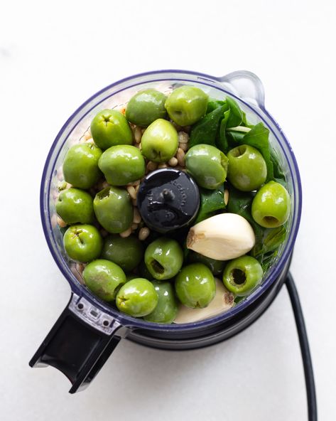 Castelvetrano Pesto - Justine Doiron Marinated Castelvetrano Olives, Olive Appetizer Ideas, Castelvetrano Olives Recipe, Steak Pesto, Hazelnut Pesto, Justine Doiron, Vegan Dinner Ideas, Castelvetrano Olives, Olive Pesto