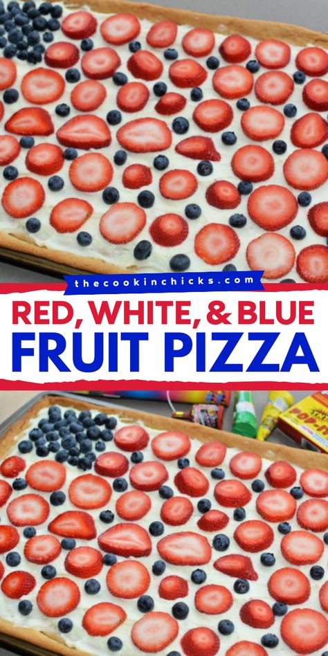 Step up your easy 4th of July recipes with the best fruit pizza! Learn how to make this pizza and enjoy the vibrant flavors of red, white, and blue in your fourth of July pizza! Plus, it has fresh fruit toppings on a delectable sugar cookie crust! Fourth Of July Food Cookie Pizza, 4th Of July Fruit Sugar Cookie, Fruit Pizza Cookies 4th Of July, Fruit Fourth Of July, Easy Fruit Pizza Sugar Cookie 4th Of July, Cookie Pizza 4th Of July, Fruit Pizza Flag 4th Of July, Easy 4th If July Deserts, 4th Of July Sugar Cookie Pizza