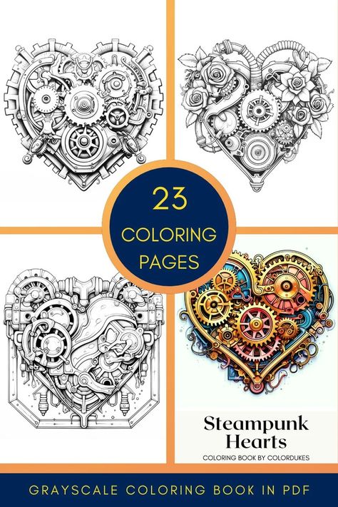 Steampunk Hearts Coloring Pages, Valentines Day Adult Coloring Book, Love Coloring Sheets, Digital Printable PDF - Etsy Coloring Pages Valentines Day, Coloring Pages Valentines, Hearts Coloring Pages, Steampunk Coloring, Steampunk Heart, Heart Coloring Pages, Grayscale Coloring Books, Printable Adult Coloring Pages, Grayscale Coloring