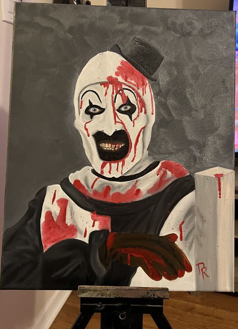 Halloween Theme Painting Canvas, Scary Chalk Art, Art The Clown Painting, Painting Ideas On Canvas Horror, Annabelle Painting, Terrifier Painting, Scary Movie Paintings, Terrifier Fanart, Scary Painting Ideas