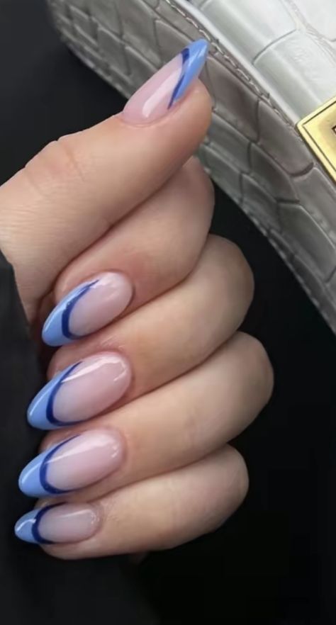 Blue Almond Shaped Nails, Blue And Silver Nails, French Tip Design, Almond Acrylic, Blue French Tips, Blue Acrylic Nails, Almond Shape Nails, Almond Acrylic Nails, Almond Nail