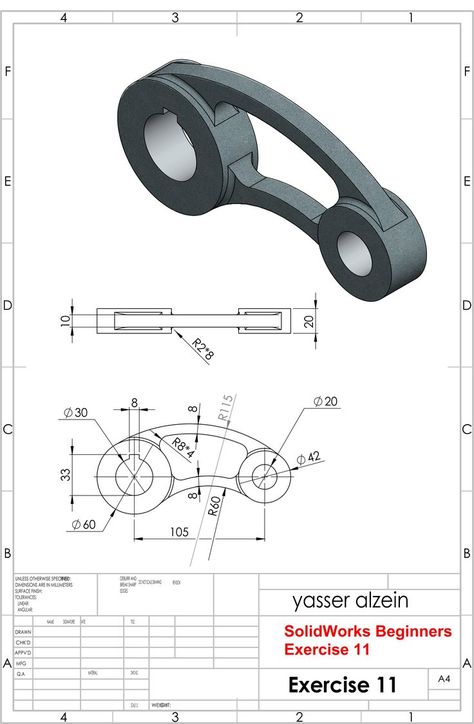 SolidWorks Beginners Exercises 11 Solidworks Exercises, Solidworks Drawings, Beginners Exercise, Solidworks Tutorial, Workout For Beginners, It Works, Drawings, Quick Saves