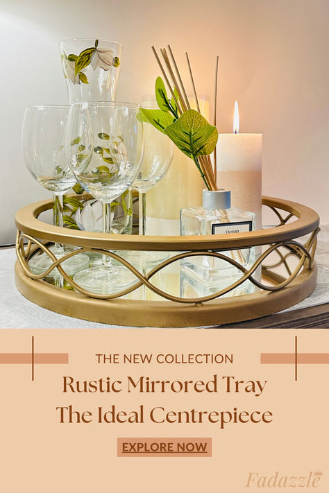 Enhance your home's charm with our rustic-inspired mirrored gold tray. This versatile piece is a perfect canvas for showcasing your favorite décor items. Place it on a tableside, mantle, or any space that needs a touch of sophistication. Elevate your interior décor with this timeless accent! Mirrored Tray Centerpiece, Coffee Table Candle, Gold Mirror Tray, Coffee Table Arrangements, Tray Centerpiece, Vanity Organizer, Mirrored Tray, Candle Decoration, Dining Room Centerpiece