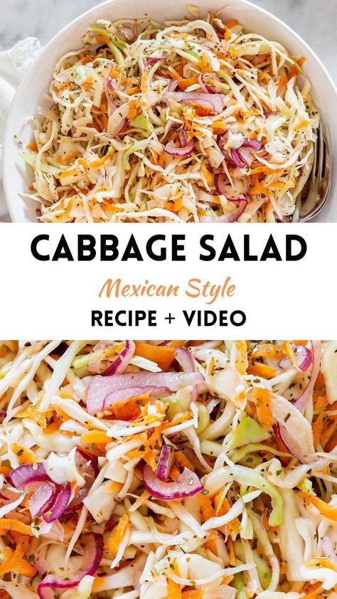 Collage with Mexican cabbage salad and text overlay. Bbq Chicken Tacos With Red Cabbage Slaw, Recipes With Cole Slaw Cabbage, Quick Pickled Cabbage For Tacos, Fresh Slaw Recipe, Cabbage Salad Mexican, Easy Mexican Coleslaw Recipe, Mexican Style Coleslaw Recipe, Texas Panhandle Cabbage Salad, Cabbage Topping For Tacos