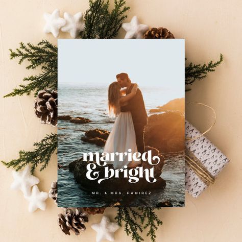 $2.55 | ""Married & Bright"" Newlywed Photo Christmas Card - retro, modern, photo christmas card, newlywed, married and bright, holiday card, marriage, mr and mrs, instant download, wedding christmas card Elegant Christmas Party Invitations, Wedding Christmas Card, Card Marriage, Elegant Christmas Party, Retro Wedding Invitations, Christmas Wedding Invitations, Advice For Newlyweds, Photo Christmas Card, Christmas Party Invitation