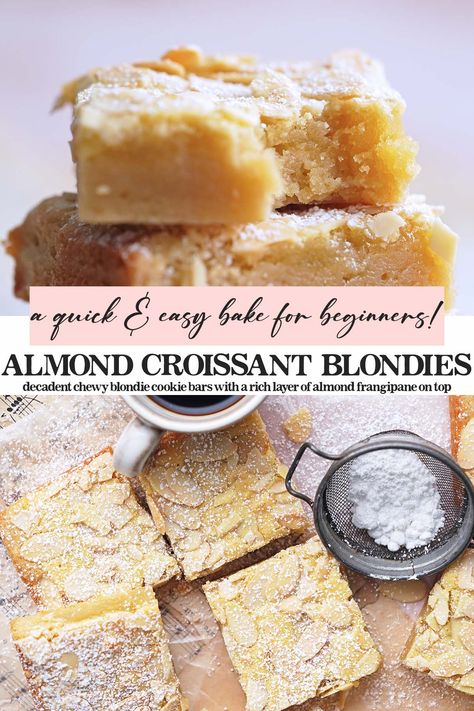 Almond Croissant Blondies Recipe Almond Croissant Blondies Recipe, French Pastry Desserts, Almond Filling Desserts, Almond Cookies With Almond Paste, Easy Flour Desserts, Almond Bars Recipe Simple, Almond Cake And Pastry Filling Recipes, Scandinavian Almond Bars, Sweet And Savory Cookies