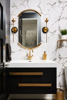 Small Powder Room Ideas Modern, Floating Vanity Ideas, Powder Room Wallpaper Modern, Powder Room Mirror Ideas, Powder Room Vanity Ideas, Powder Room Ideas Modern, Black Powder Room, Luxury Powder Room, Contemporary Powder Room