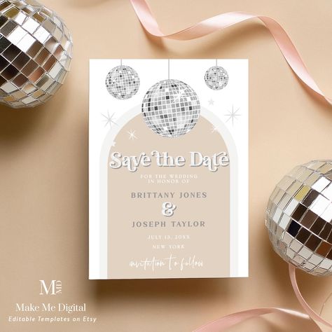 Disco Ball Save the Date Invitation, Silver glitter festival wedding invite printable, editable arch wedding save the date glitter invite DX Disco Save The Date, Disco Wedding Invitation, 2026 Wedding, Library Shop, Silver Invitation, Nye Wedding, Ball Wedding, Glitter Invitations, Arch Wedding