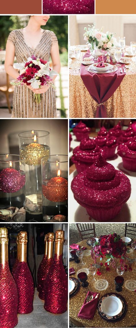 burgundy wedding ideas with glitters and sequins Wedding Colors Maroon, Sparkly Decorations, Burgundy Wedding Ideas, Quince Decorations Ideas, Burgundy And Gold Wedding, Gold Runner, Wedding Color Palettes, Heart Table, Quince Decorations