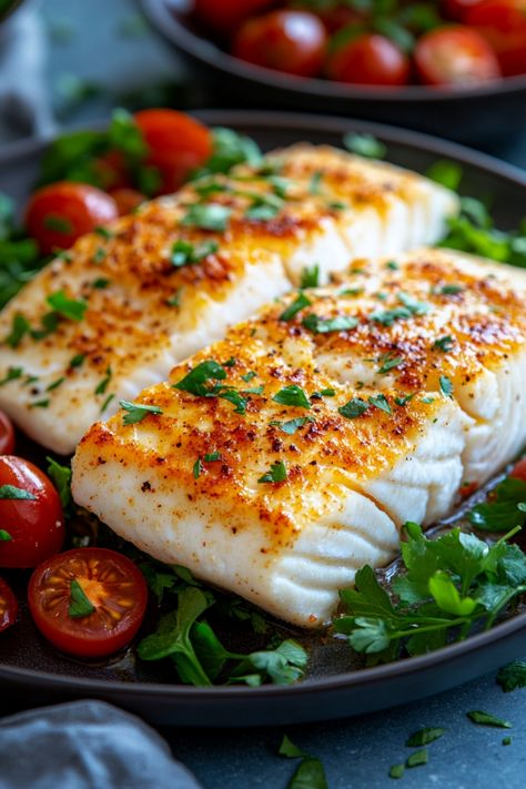 Grilled fish fillets topped with herbs, served with cherry tomatoes and leafy greens. Herb Crusted Halibut, Low Calorie Halibut Recipes, Best Halibut Ever, Oven Baked Halibut Recipes, Baked Halibut Recipes, Healthy Halibut, Best Halibut Recipes, Pan Seared Halibut Recipes, Halibut Recipes Healthy