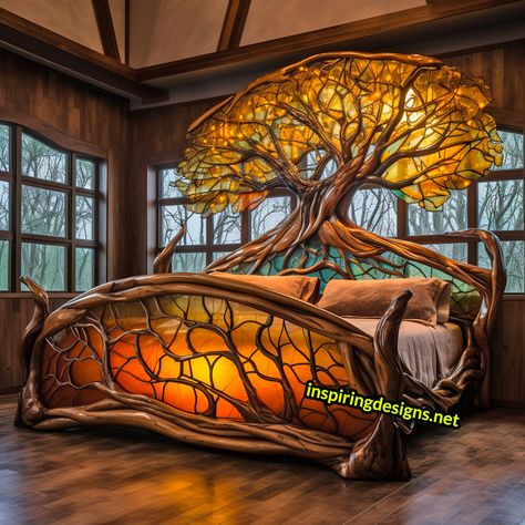 Fantasy Bed, Stained Glass Tree Of Life, Awesome Beds, Amazing Beds, Crazy Furniture, Glass Bed, Stained Glass Tree, Natural Edge Wood, Fantasy Items