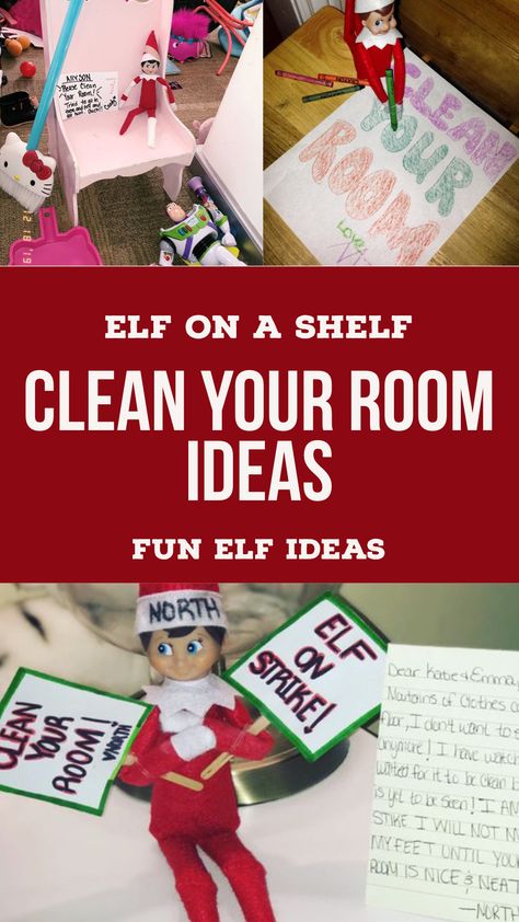 Gotta try this easy elf on the shelf idea! Elf On The Shelf Clean Your Room Ideas at https://funelfideas.com/elf-on-the-shelf-clean-your-room/ Dirty Room Elf On The Shelf, Clean Your Room Elf On The Shelf, Elf Clean Your Room, Elf On The Shelf Zipline, Fun Elf Ideas, Clean Room Checklist, Cleaning Kids Room, Bad Elf, Dirty Room