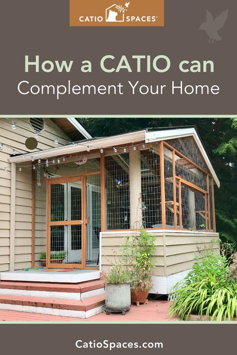 How a Catio Can Complement Your Home| The primary purpose of a catio is to provide safe, enriching outdoor access for your cat, and thoughtfully planned, a catio can be a focal point that adds beauty to the outside of your home, just like a garden arch, gazebo, or deck. As you explore locations outside your home, note the “ideal” spots for a catio, but also look for areas that feel a little unadorned or forgotten. Cat Room In Garage, Catio Plans From Window, Outdoor Cat Enclosure Attached To House, Cat Outside Enclosure, Cat Room Indoor, Patio For Cats, Catios Diy, Catio Patio, Cat Rooms Indoor