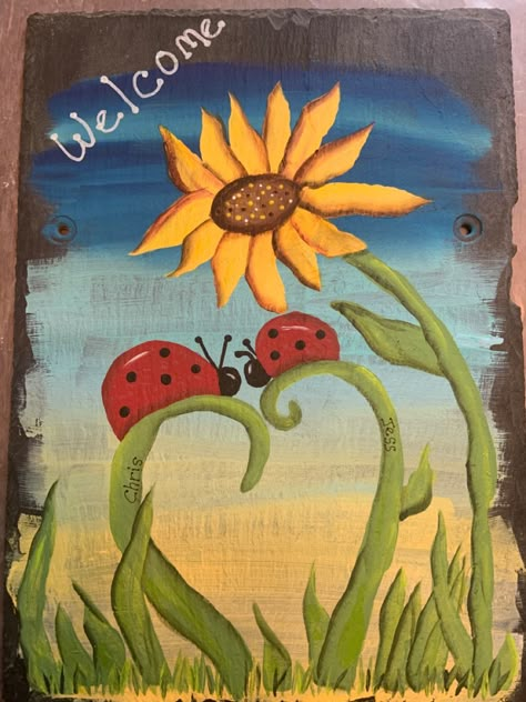 Painting On Slate Ideas, Slate Painting Ideas, Slate Tile Crafts, Cook Eggplant, Painted Fence, Owls Art, Slate Painting, Painted Pavers, Garden Fence Art