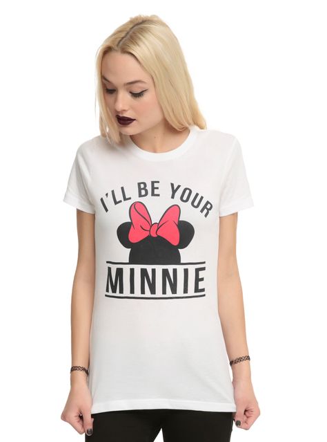 Minnie and Mickey Mouse might be the cutest couple ever. Let 'em know you're in search of your Mickey by wearing this fitted white tee featuring an "I'll Be Your Minnie" design. Already have a Mickey? Wear this tee as you hold hands and give everyone relationship goals.<br><br>Want the matching Mickey tee? Click below!<br><a href="http://www.hottopic.com/product/disney-mickey-mouse-ill-be-your-mickey-t-shirt/1086904... Moana Paddle, The Ocean Is Calling, Nerdy Outfits, Diy Disney Shirts, Cutest Couple Ever, Disney Moana, Girl Silhouette, Disney Tangled, Girls T Shirt