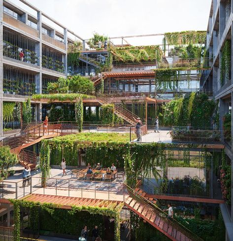 HENN's vertical farmhouse encloses grid terraced roof garden between two blocks in berlin Hybrid Building, Vertical Farm, Atrium Design, Terracotta Roof, Renovation Architecture, India Architecture, Urban Landscape Design, Desain Lanskap, Concrete Building