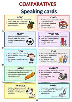 Comparatives- Speaking cards - English ESL Worksheets Convo Topics, Esl Speaking Activities, Speaking Activities English, Speaking Cards, Materi Bahasa Inggris, Grammar For Kids, Past Simple, English Teaching Materials, English Activities For Kids