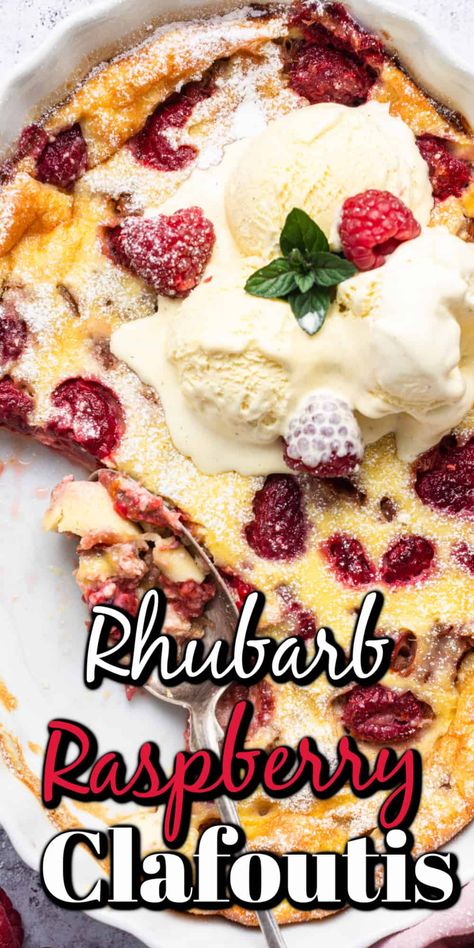 Rhubarb Raspberry Recipes, Dessert Recipes Using Fresh Raspberries, Rhubarb Desserts Cream Cheese, Raspberry Clafoutis Recipe, Strawberry Rhubarb Custard Dessert, Rhubarb Clafoutis, Raspberry Clafoutis, Raspberry Almond Clafoutis, Rubarb Deserts Crisp