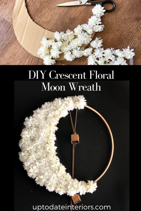 How to Create A Crescent Floral Moon Wreath in a Few Simple Steps - Up to Date Interiors Moon Themed Decorations, Diy Crescent Moon Decor, Moon Shaped Wreath, Diy Moon Decor, Artistic Garden, Moon Things, Large Embroidery Hoop, Crescent Moon Art, Crafts For Beginners