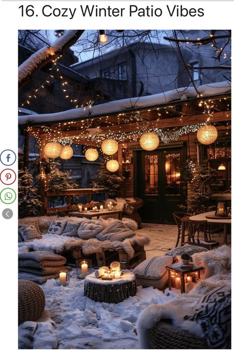 Christmas Decor Ideas For Gazebo, Small Winter Garden Ideas, Winter Garden Snow, Backyard Winter Ideas, Outdoor Christmas Porch Decorations Ideas, Christmas Outdoor Party Ideas, Cosy Patio Ideas, Winter Garden Party Ideas, Winter Patio Decorating Ideas