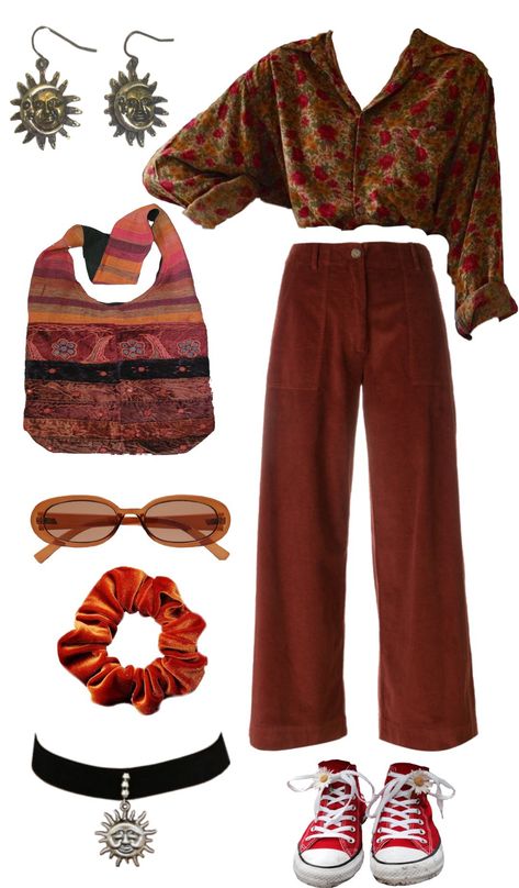 70s Boho Rock Fashion, Professional Earthy Outfits, Classy Hippie Outfits, Ghiblicore Fashion, Whimsigoth Pants Outfit, Colorful Vintage Outfits, Hippie Core Aesthetic, Artsy Wardrobe, Winter Hippie Outfits