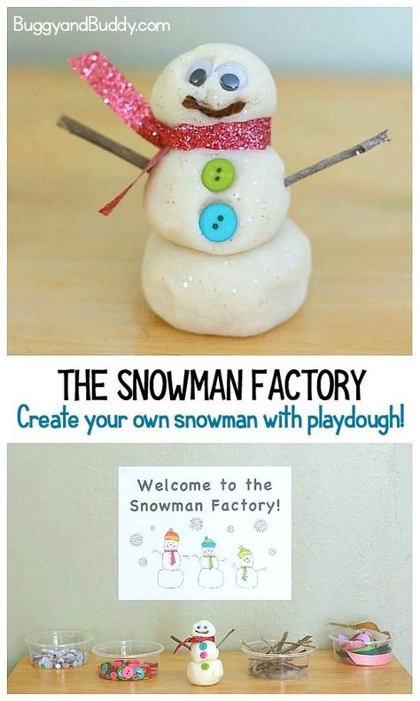 The Snowman Factory: Make your own playdough snowmen using loose parts like twigs, button and ribbon. A fun creation center for winter! #buggyandbuddy #winteractivityforkids #playdough #snowmancraft #snowman #snowmen #snowmanactivity #wintercraftforkids #ece #preschool #kindergarten #creativeplay #sensoryplay Playdough Snowman, Make Your Own Playdough, Snowmen Activities, Winter Kindergarten, Winter Activities For Kids, Winter Preschool, Art And Craft Videos, Winter Crafts For Kids, Preschool Christmas