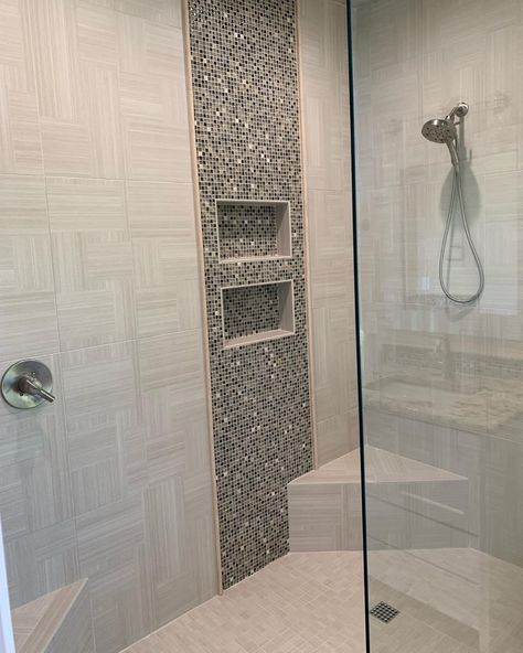 Tile Waterfall Design, Waterfall Shower Ideas, Waterfall Tile, Shower Everyday, Accessible Bathroom Design, Full Bathroom Remodel, Tile Layout, Accessible Bathroom, Primary Bath