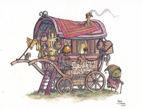 Frog's Travelling Wagon on Behance Fantasy Caravan Wagon Art, Wagon Concept Art, Dnd Wagon, Fantasy Wagon, Fantasy Caravan, Wagon Illustration, Wagon Drawing, Irish Illustration, Caravan Wagon