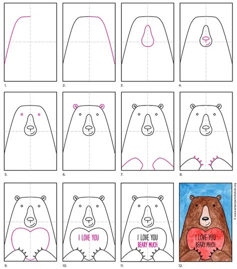 Valentines Directed Drawing For Kids, Easy Valentine Drawings Simple, Valentine Directed Drawing, Valentines Drawings Ideas Easy, Drawing Valentines, Directed Drawing Kindergarten, Valentines Art For Kids, Bear Coloring Page, 2024 Classroom