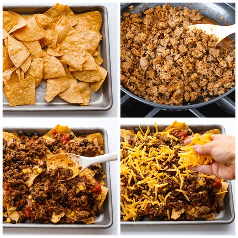 Oven Baked Sheet Pan Nachos are filled with a layer of chips, ground beef, refried beans, black olives, chopped tomatoes, corn, and cheese sprinkled over top, then baked to perfection. The possibilities are endless! Corn And Cheese, Sheet Pan Nachos, Pan Nachos, Baked Nachos, The Recipe Critic, Recipe Critic, Nachos Recipe, Melty Cheese, Black Olives