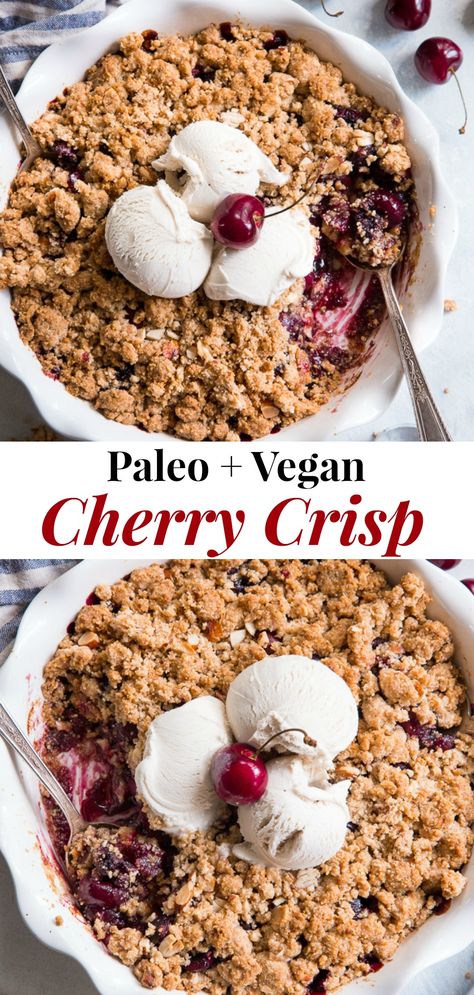 This classic cherry crisp is irresistibly delicious and easy to make!  A sweet gooey cherry filling is topped with a toasty crumble for a summer dessert that will make everyone come back for seconds.  It's paleo, vegan, gluten-free, dairy-free and refined sugar free. #paleo #vegan #glutenfree Cherry Recipes Healthy, Cherry Crisp Recipe, Paleo Running Momma, Cherry Crisp, Fruit Crumble, Cherry Filling, Paleo Recipes Dessert, Paleo Baking, Clean Eating Desserts