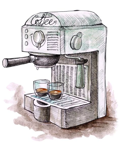 Espresso Machine Sketch, Coffee Machine Sketch, Coffee Drawing Easy, Coffee Machine Drawing, Coffee Sketch Drawing, Barista Drawing, Drawing Coffee Cup, Cafe Sketches, Cafe Sketch