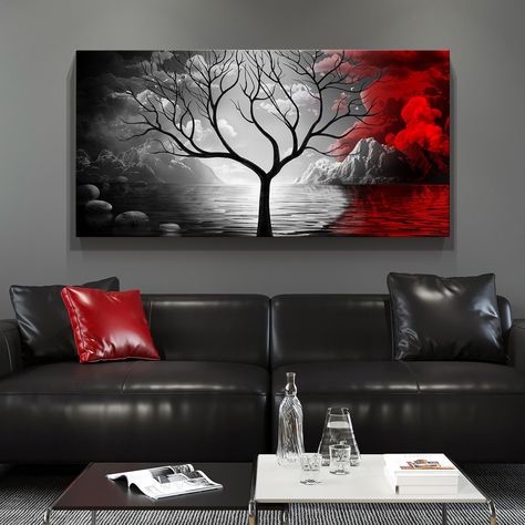 PRICES MAY VARY. Large Format for a Stunning Visual Experience: Measuring an impressive 40x20 inches, this black and white wall art painting offers a grand artistic statement. The use of red along with classic black and white tones brings trees, mountains, stones, sea surfaces, clouds, and flying birds vibrantly to life, creating a captivating focal point in any room. Versatile for Multiple Spaces: Ideal for a range of settings, this stunning artwork is perfectly suited for your home, whether it Red And Black Living Room Ideas, Red Apartment Decor, Apartment Decorating Modern, Red Living Room Decor, Dark Academia Wall Art, Academia Wall Art, Morden Art, Dark Academia Wall, Pictures Wall Decor