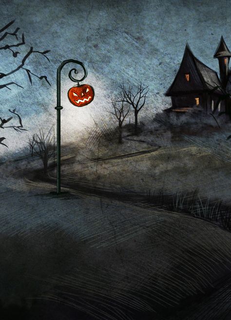 Halloween landscape | Halloween Landscape Cute Halloween Landscape, Halloween Scenes Pictures, Halloween Landscape Art, Spooky Canvas Painting Ideas, Halloween Art Painting, Halloween Art Drawing, Halloween Landscape, Spooky Background, Spooky House