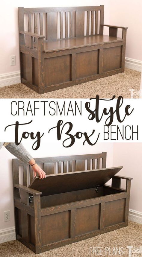 Craftsman Toy Box Bench - Her Tool Belt Farmhouse Furniture Plans, Toy Box Bench, Toy Box Plans, Wood Toy Box, Wooden Toy Chest, Toy Bin, Wooden Toy Boxes, Baby Storage, Bench Plans