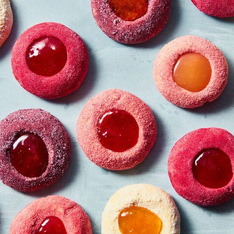 Tutti-Frutti Thumbprint Cookies Recipe | Epicurious Fruit Thumbprint Cookies, Cookies Thumbprint, Thumbprint Cookies With Jam, Tutti Frutti Cookies, Recipe Using Jam, Raspberry Jam Cookies Thumb Prints, Jar Of Jam, Thumbprint Cookies Recipe, Freeze Dried Fruit