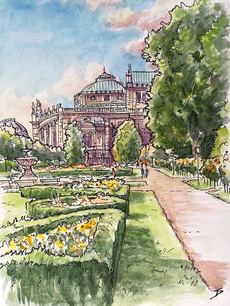 Urban Watercolor painting – 1010, Vienna, Austria. ‘View of the Burgtheater from the Volksgarten.’ Vienna Sketch, Urban Watercolor, Vienna Travel, Photobook Design, Watercolor City, Dorm Art, Apartment Art, City Drawing, Travel Sketches