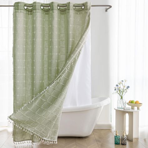 PRICES MAY VARY. [Boho Farmhouse Style]: The fabric shower curtain with tassels features a captivating 3D embroidery stripe design and charming tassels on three sides. The end result is a shower curtain that exudes elegance and country charm, elevating the bathroom decor to new heights. Farmhouse shower curtain : Embrace the rustic charm of the farmhouse style, adding warmth and coziness to the bathroom oasis. Rustic shower curtain: For a nature-inspired look, choose the rustic style, bringing t Boho Shower Curtains, Sage And White Bathroom, Sage Bathroom Ideas, Sage Shower Curtain, Sage Green Bathroom Ideas, Bathroom Shower Curtain Ideas, Sage Green Farmhouse, Sage Bathroom, Shower Curtains Ideas