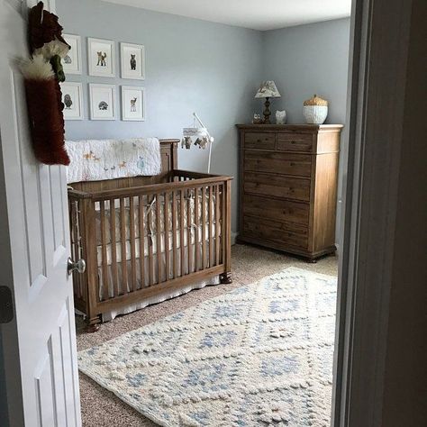 Love this adorable blue and brown woodland nursery! The wood tones and dusty blue walls work great with the baby animal pictures. Subtle Nursery Themes, Brown Furniture Nursery, Nursery With Brown Furniture, Brown And Blue Nursery, Boy Nursery Ideas Blue, Dusty Blue Nursery, Blue Nursery Ideas, Baby Animal Nursery Art, Baby Animal Art